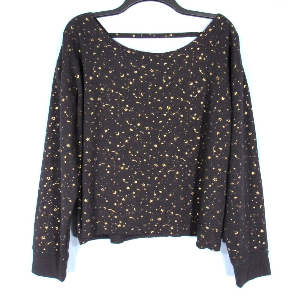 FLIRTITUDE ACTIVE Black/Gold MOON & STARS Fleece CUT HEM Open Back SWEATSHIRT XL